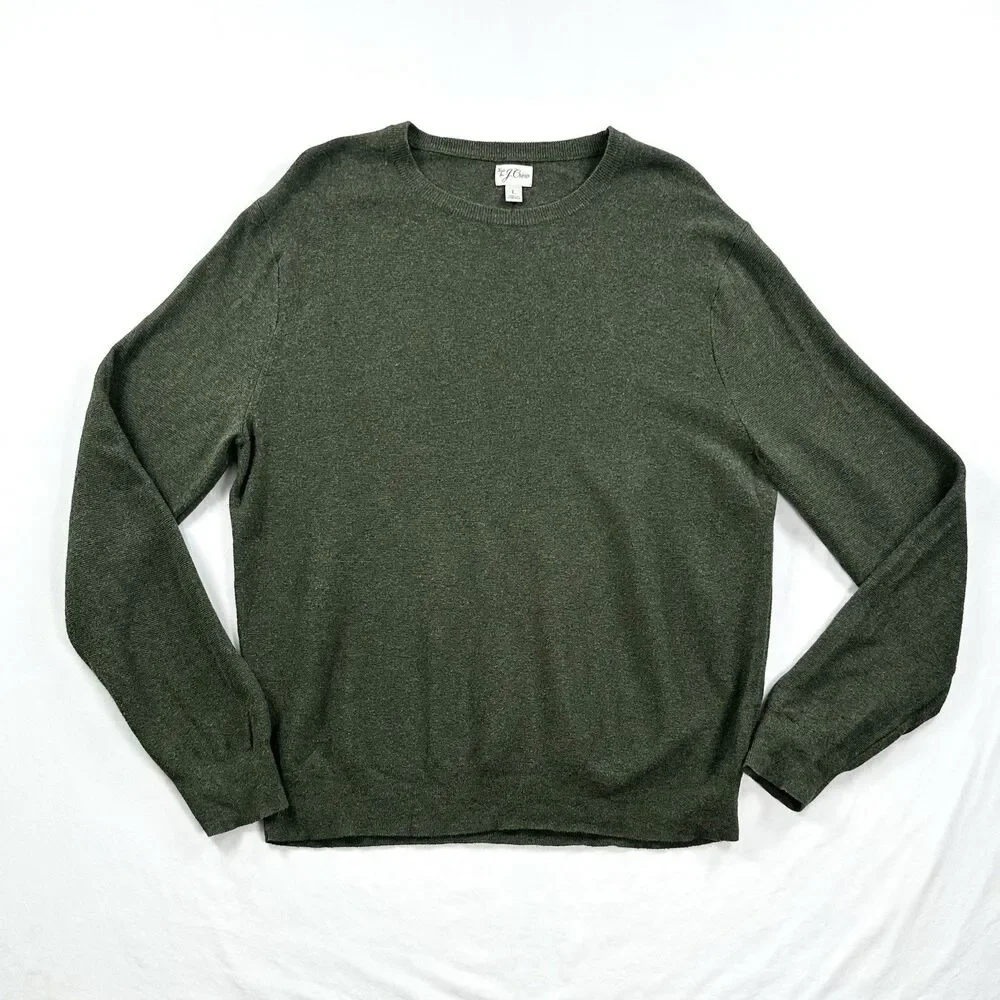 J Crew Sweater Mens Large Green Cotton Textured Knit Long Sleeve Classic Preppy